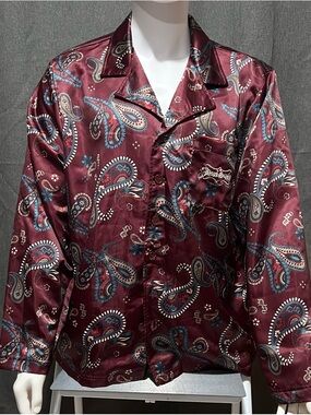 Men’s Snoop Dogg Burgundy Paisley Satin Button-Down Shirt and Pants PJs XL
